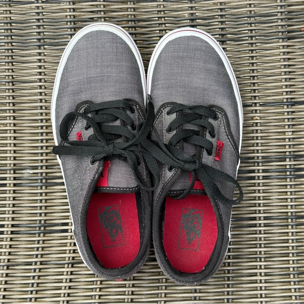 Vans youth size 4 gray red black canvas unisex sneakers skater low top classic